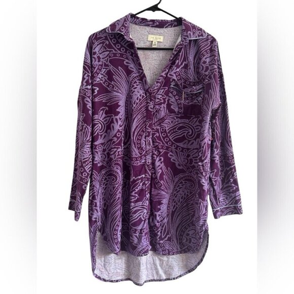 Ted Baker Purple Paisley Long Sleeve Button Pajama Top Shirt Dress Size Medium - Picture 6 of 13